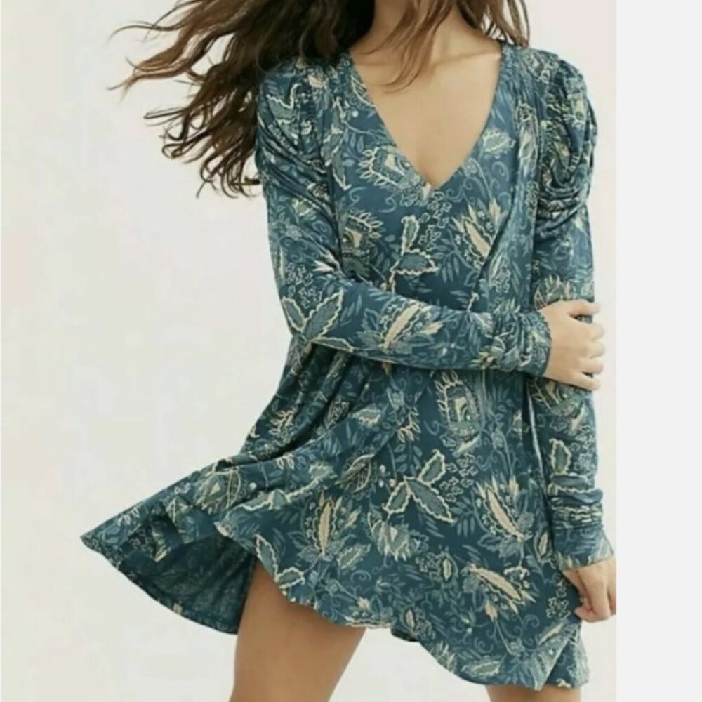 Free People Tunic Dusty Indigo Puff Sleeve Flowy Tunic Top Size M  OB1068116